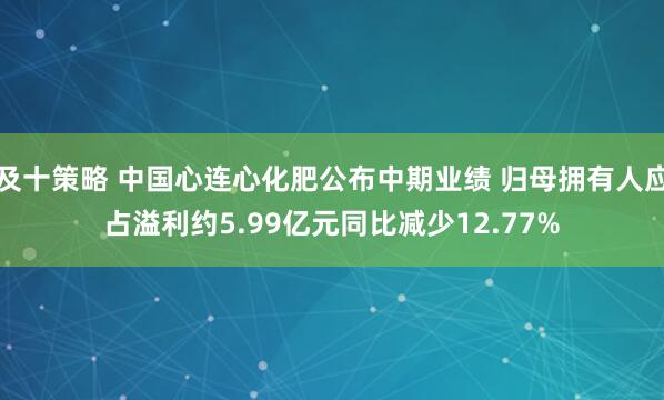 及十策略 中国心连心化肥公布中期业绩 归母拥有人应占溢利约5.99亿元同比减少12.77%
